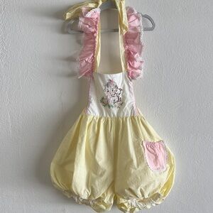 Haute Baby Yellow & Pink Baby Girls Romper with Embroidered Kitten